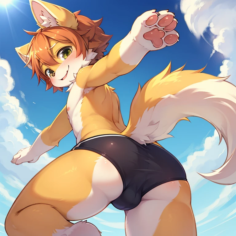 kemoshota, looking back, hip, tail, wink, cute boy, dynamic angle, paw pose, bulge, naked