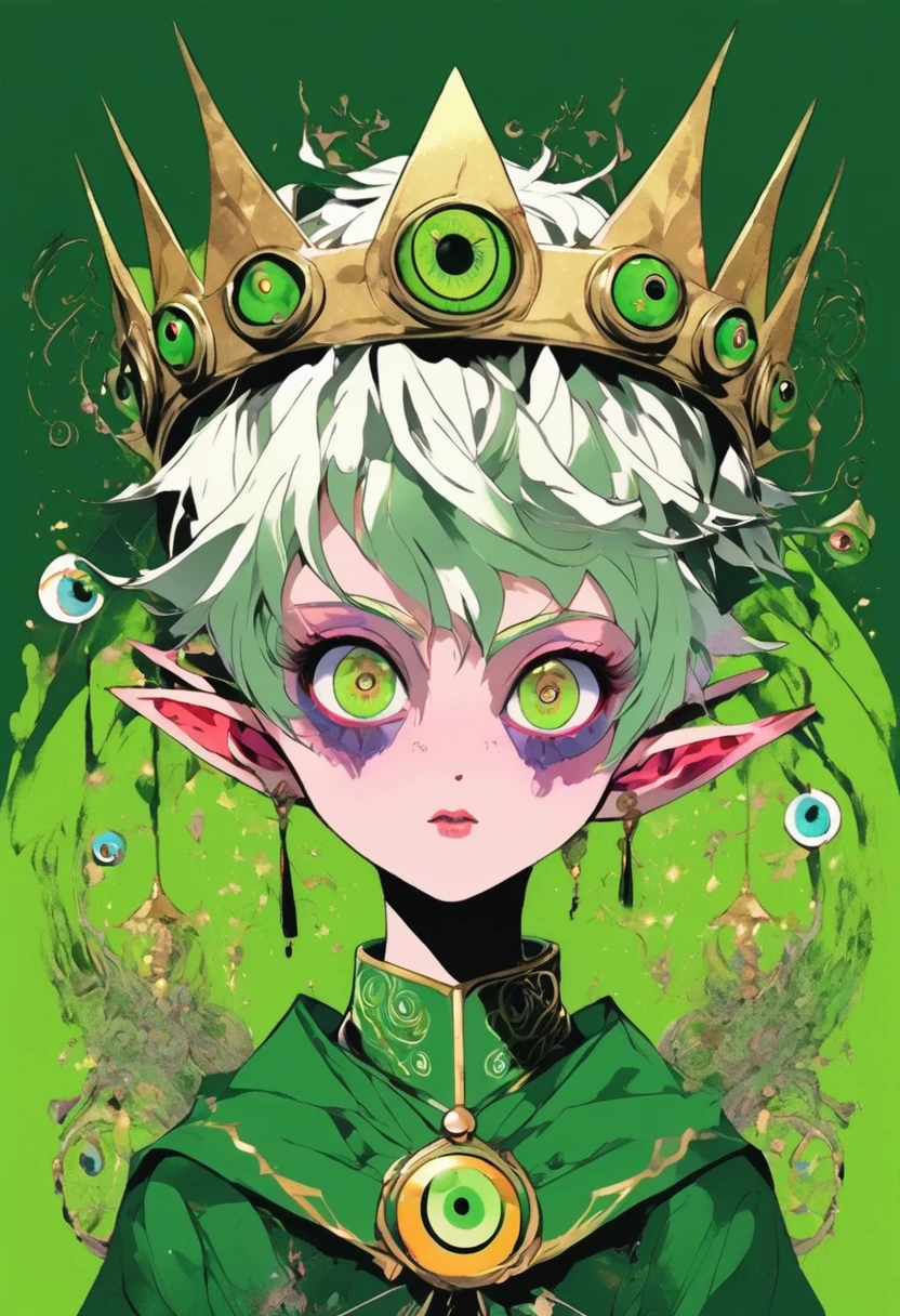 Japanese Anime,Second Dimension,Horror style,horror character,(((Three-eyed boy,独奏,third eye on the forehead,Dark eyeshadow,White short hair,Elf ears,Green Skin,Exaggerated golden crown-eyeball decoration))),(((Wrapped in bandages))).(((Thin waist,Green belt:1.6))).Pure pink background