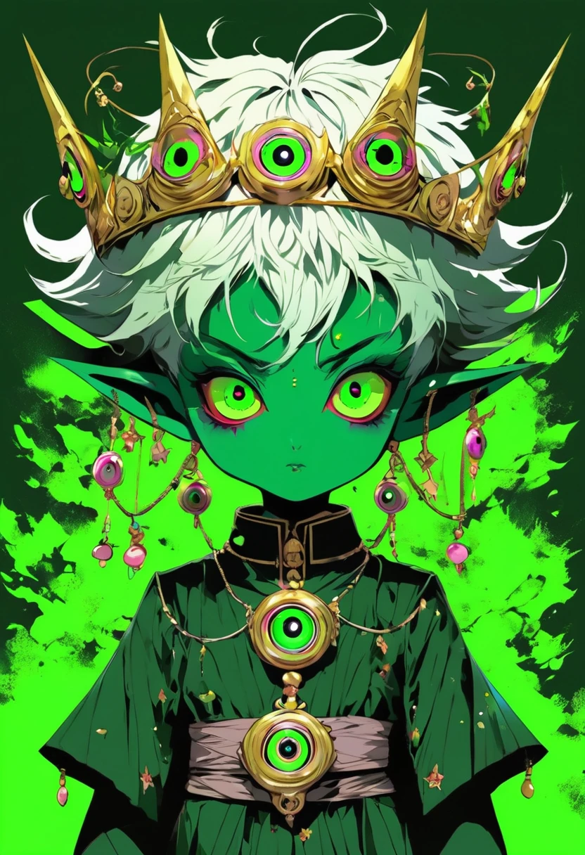 Japanese Anime，Second Dimension，Horror style，horror character，(((Three-eyed boy，独奏，third eye on the forehead，Dark eyeshadow，White short hair，Elf ears，Green Skin，Exaggerated golden crown-eyeball decoration))),(((Wrapped in bandages))).(((Thin waist，Green belt：1.6))).Pure pink background
