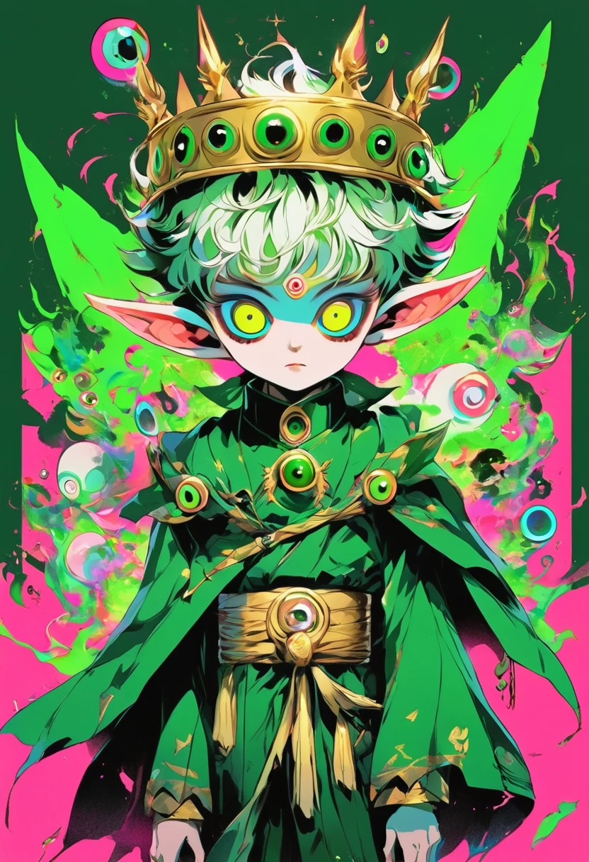 Japanese Anime,Second Dimension,Horror style,horror character,(((Three-eyed boy,独奏,third eye on the forehead,Dark eyeshadow,White short hair,Elf ears,Green Skin,Exaggerated golden crown-eyeball decoration))),(((Wrapped in bandages))).(((Thin waist,Green belt:1.6))).Pure pink background