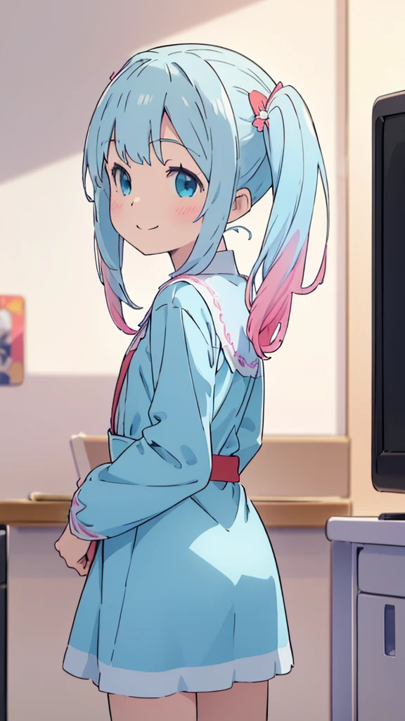 ((masterpiece))((Highest quality))girl、smile、blush、Flat Chest、Are thin、Blonde Hair、blush、Are standing、Look back、、No background、Blue clothes、Two-tone white and blue hair、Twin tails、Red Alice outfit、、