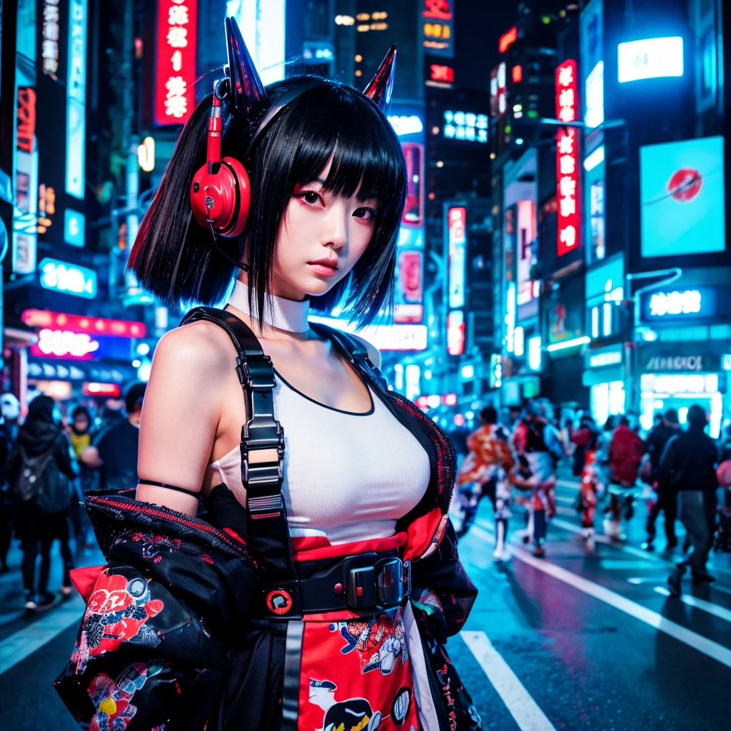 A cyberpunk futuristic Japanese geisha with electronic gear all over her body