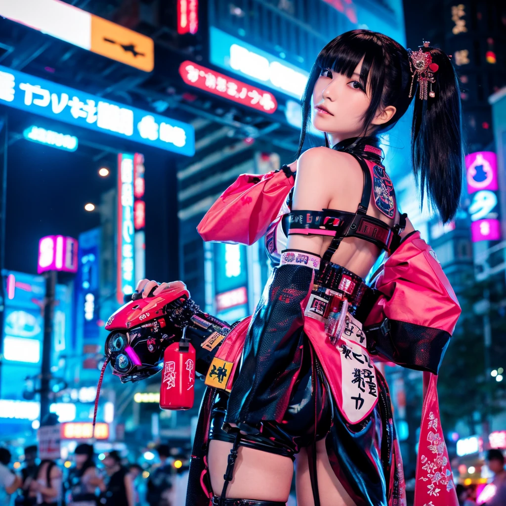 A cyberpunk futuristic Japanese geisha with electronic gear all over her body