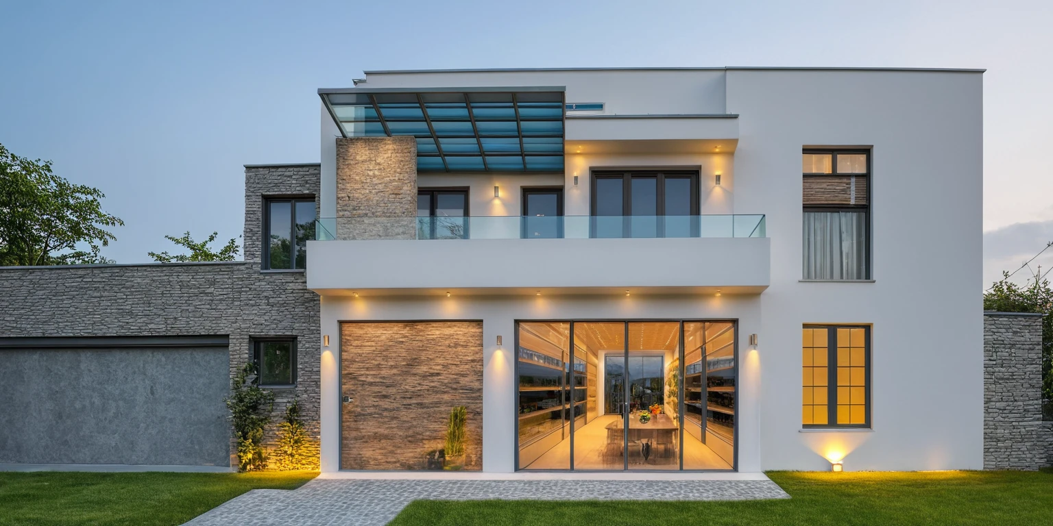 2-storey townhouse, modern minimalist architecture, white morning light, brightly painted walls, stone accents, glass door, interior scene, The house lights are on, reality, true, true: 1.37, best quality, 8k, High resolution, masterpiece: 1.2, super detailed, Vivid colors, HDR, UHD, studio lighting, Physics-based rendering, Extremely detailed description, professional