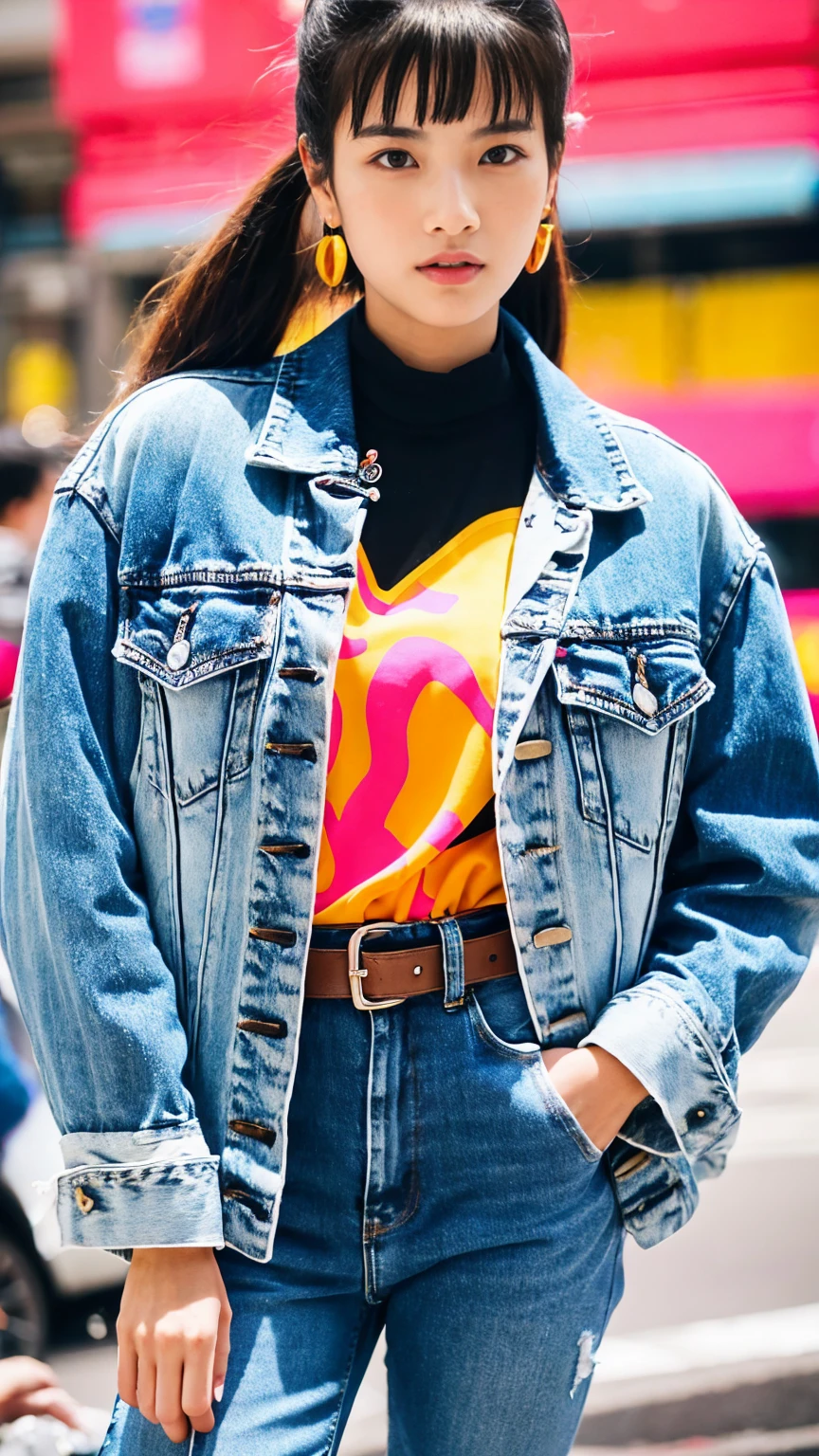 The fashion style of the 80s was bold、Characterized by exaggeration and diversity，The most fashionable outfits include：Jeans and denim jackets：Jeans and denim jackets是80年代年轻人的标志性单品，Often paired with a loose T-shirt or a top with a dramatic pattern。Large earrings and a wide belt：Large earrings and a wide belt是80年代女性的常见配饰，They can add style and personality。
Bright colors and bold patterns：The 80s clothing was brightly colored，Neon colors included、Pink and blue，The pattern is also bold，Such as animal prints and abstract patterns。
Long hair and ponytails：Long hair and ponytails是80年代女性的流行发型，Symbolizes vitality and fashion。