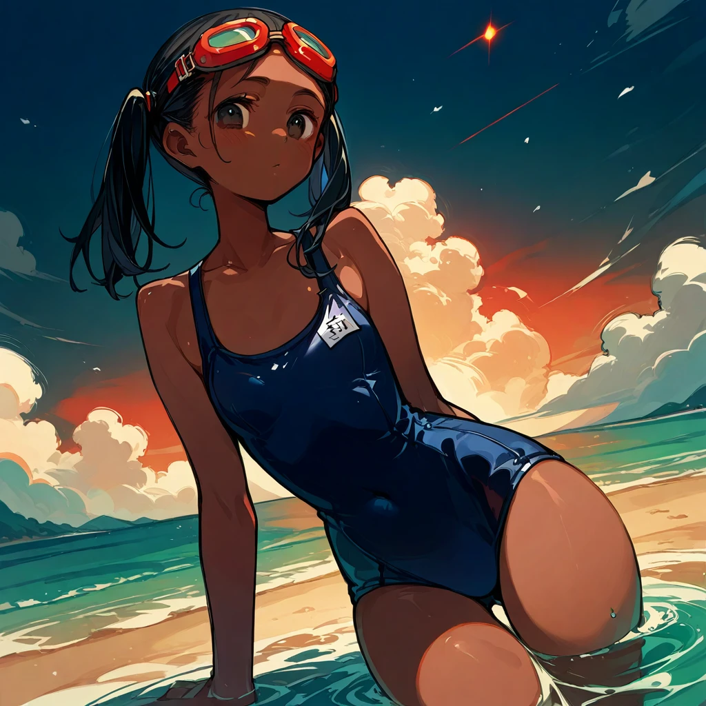 score_9_up, score_8_up, score_7_up, score_6_up, source_アニメ,2d, flat、Black Hair、Pigtails、Navy blue school swimsuit、Brown skin, glowing skin、Red underwater goggles, (sandy beach)、Sunset, evening