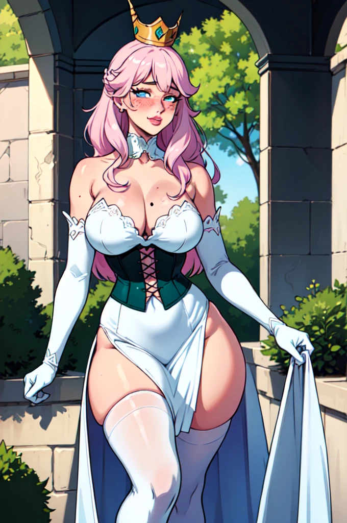 (Best quality,Unbeatable masterpiece:1.4),Ultra-detailed CG 4K,(Ultra-Detailed Clear Absurdly-Vivid Mint Big Eyes:1.2),Gorgeous Round Detailed Face(voluptuous:1.4)(Bimbo: 1.4)(normal waist: 1.2)(Thick lips: 1.3)small-nose(Light smile: 1.2)Rocks,green trees, a plant,Bush, (Shy blush:1.4) Dynamic pose ,1girl, seductive, delicate delicate a fair skin woman long white hair curvaceous with  fantasy aesthetic  face structure blue eyes skin tight white corset dress big white evening gloves top_open white thigh high stockings wide hips big_breasts horse_ear unicorn_tail pink_horn lips_parted flowers in hair no ears mole_under_eye shy expression princess crown full body image 