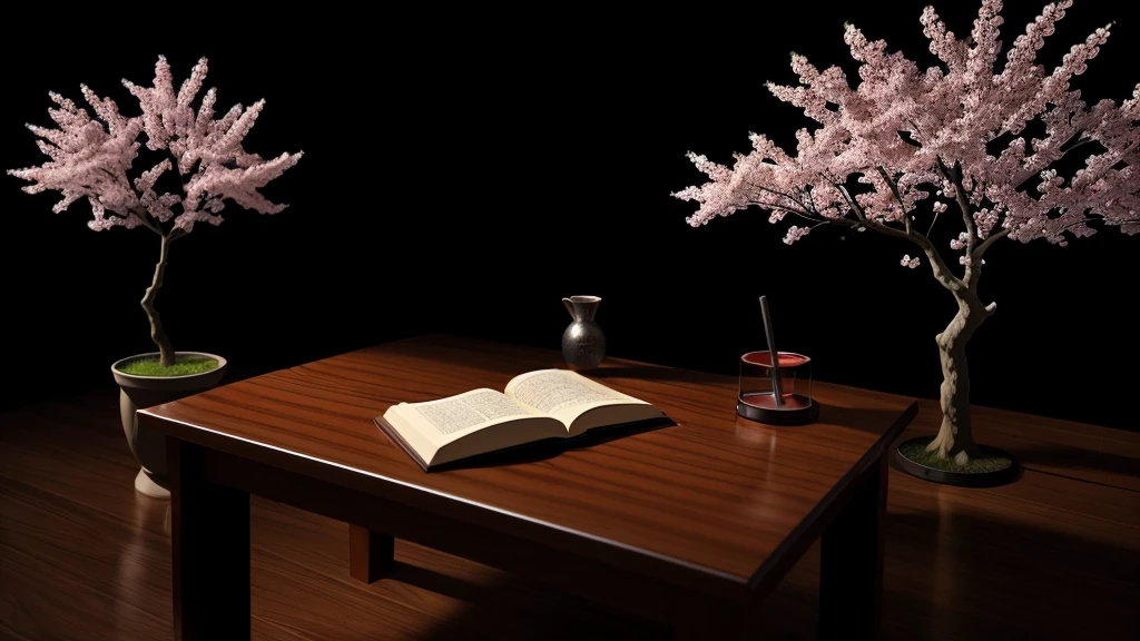((ultra realisitic)) (all on a small table) (sakura tree), a katana, a sword, a book and a potion