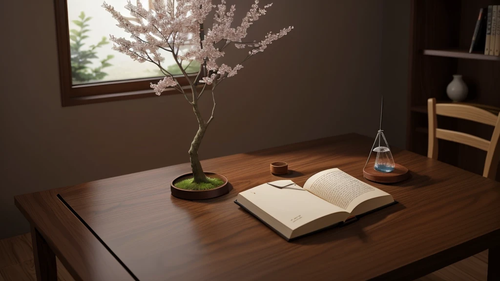 ((ultra realisitic)) (all on a small table) (sakura tree), a katana, a sword, a book and a potion