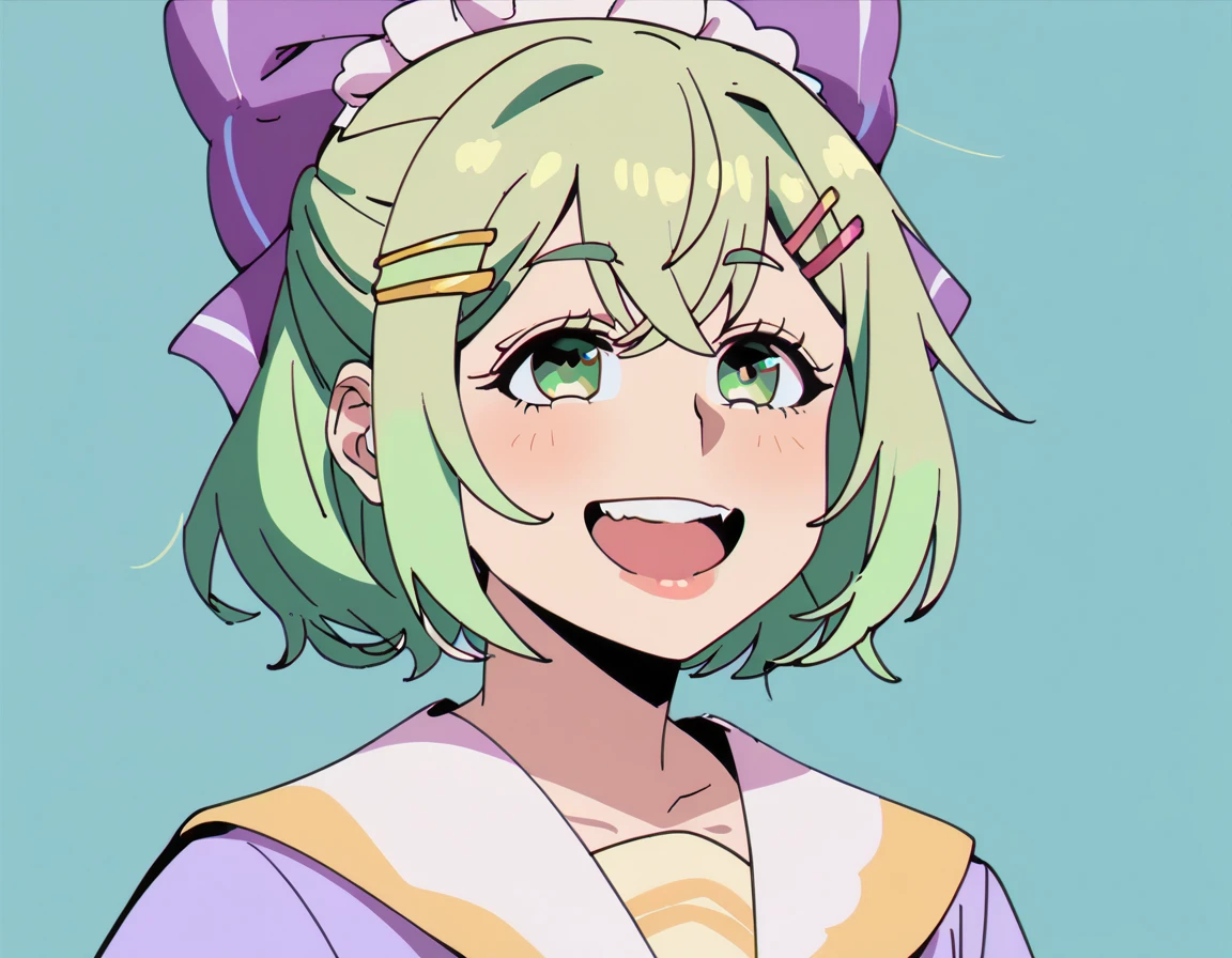 score_9, score_8_up, score_7_up, 1girl, short green hair, green eyes, purple bow headdress, hair clip, purple and yellow sailor collar, sailor suit, nerdy hairstyle. Green bow girl with crossed bangs. Short hair, close-up, bust, facial close-up, Akimbo, female.laugh，***********，****ta，