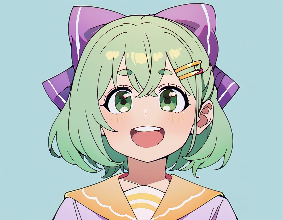 score_9, score_8_up, score_7_up, 1girl, short green hair, green eyes, purple bow headdress, hair clip, purple and yellow sailor collar, sailor suit, nerdy hairstyle. Green bow girl with crossed bangs. Short hair, close-up, bust, facial close-up, Akimbo, female.laugh，***********，****ta，