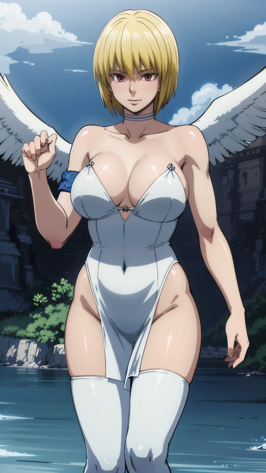 woman in her 20s、1 person、Angelic、There are large white wings on the back、Has 6 wings、Swan wings、With a round face、round chin、Close-up of a woman in armor holding a sword, Armor girl, female knight, big and full breasts、full armor, full armor, gorgeous female paladin, female knight, of a Beautiful female knight, Beautiful armor, Plump、thick waist、wide waist、full armor, armor、Gorgeous full-body armor, Amazing armor, Trending on Art Station Pixiv, Beautiful female knight、has a large sword、Great Sword of Steel、happy look、looking here、Look at me、Lakeside、white military flags lined up, There is a large army behind us far away.、With forest and mountains in the background、black string、Black pattern,kurapika, bob hair, blonde hair, (long tits:1.1), (huge tits:1.1), (saggy tits:1.2), (BIG ASS:1.2)