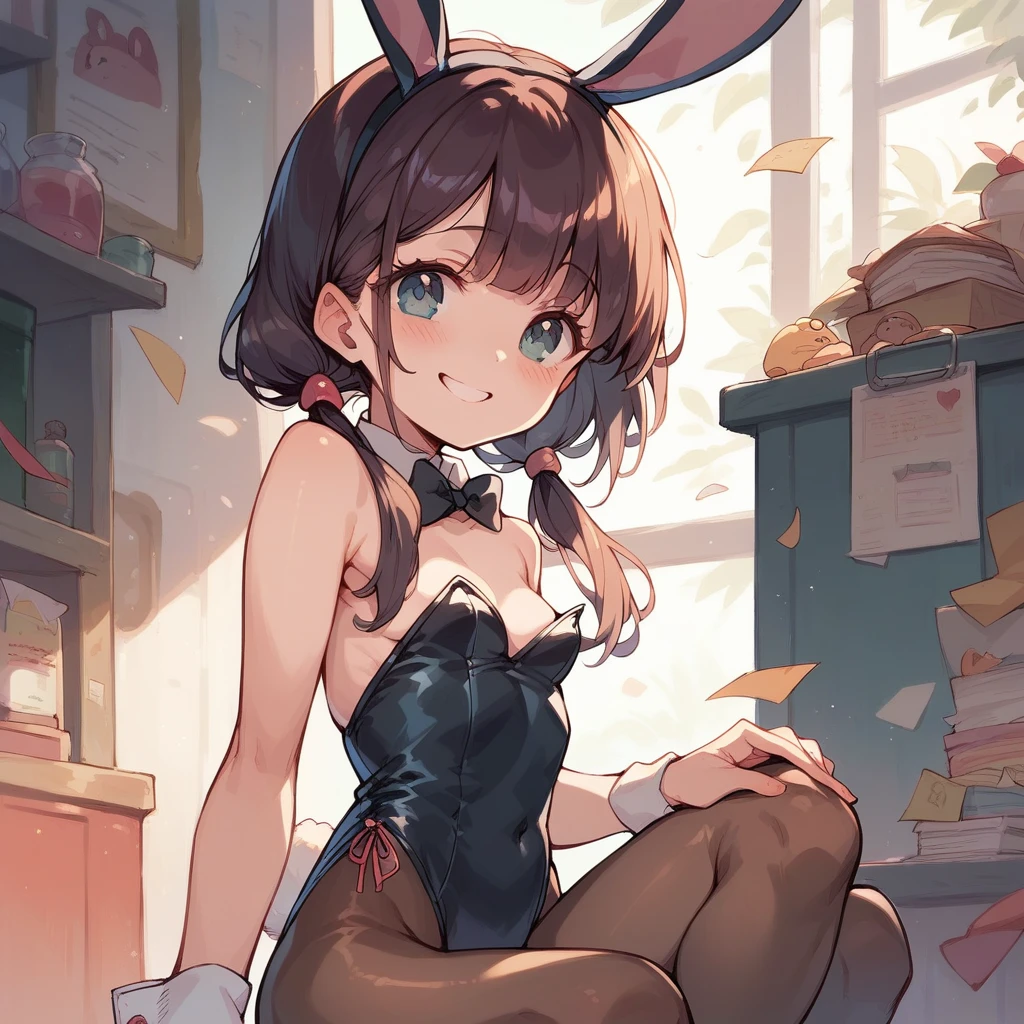 Browsing Caution,smile,Shown on the panel,Cute Futanari Girl,Small breasts,Bunny costume,Low Twintails,Receptionist