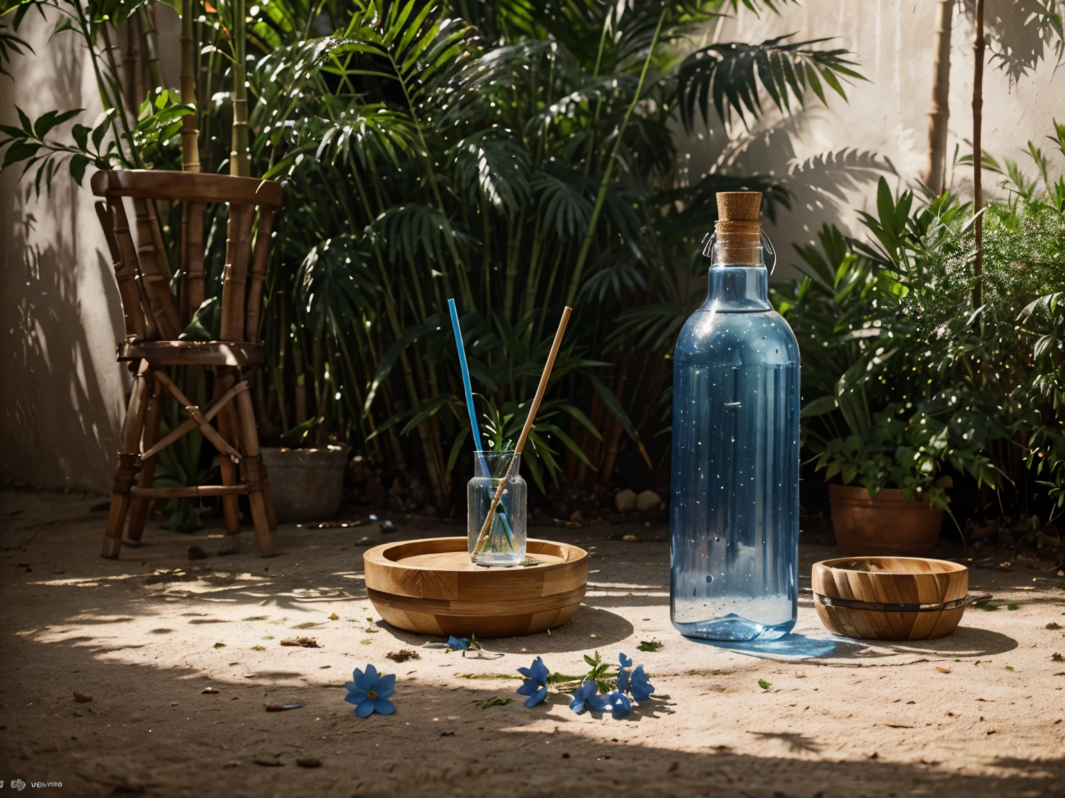 The bottle should have a slight curve in the center, similar to a hip, and be a little wider than usual. The bottle must be completely transparent. Fill the bottle with water, and also fill a similar glass of water. The bottle cap must have a bamboo straw integrated into one piece. On both sides of the bottle, place blue flowers and beautiful leaves. Adjust the lighting to be hyper-realistic, with the light coming from the left side. Make sure everything appears to be in the same place at the same time. Don't stretch the image.