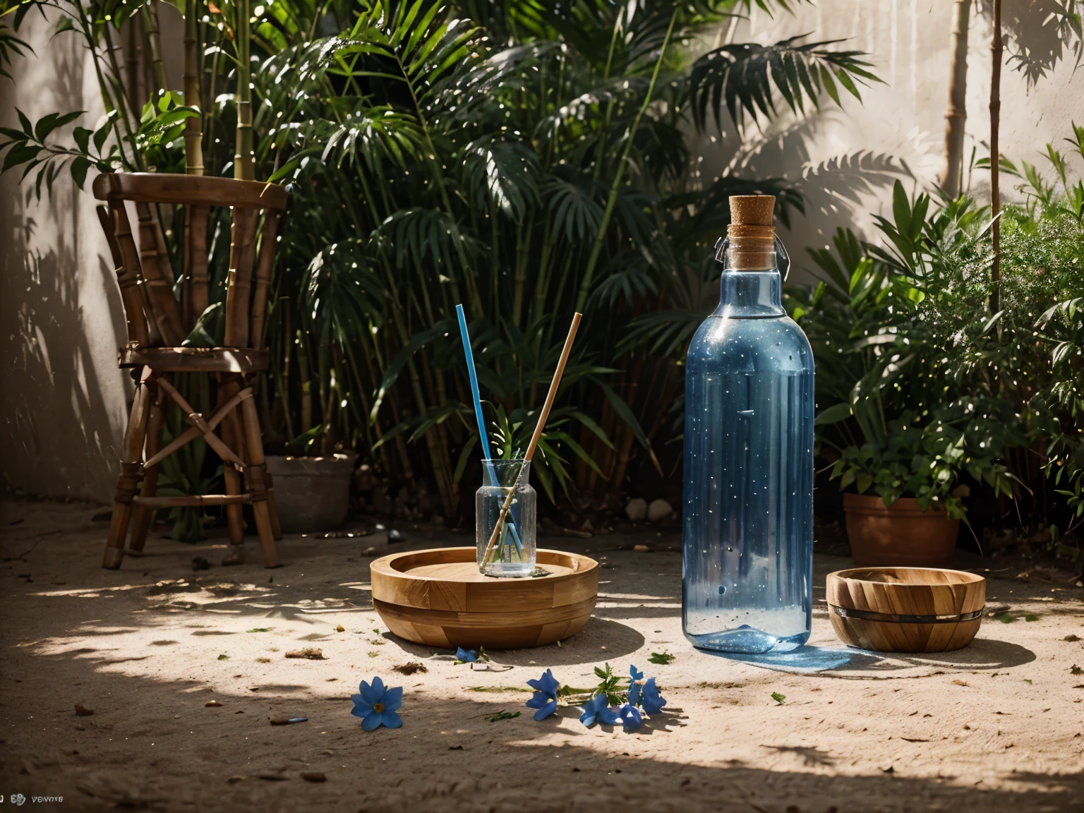 The bottle should have a slight curve in the center, similar to a hip, and be a little wider than usual. The bottle must be completely transparent. Fill the bottle with water, and also fill a similar glass of water. The bottle cap must have a bamboo straw integrated into one piece. On both sides of the bottle, place blue flowers and beautiful leaves. Adjust the lighting to be hyper-realistic, with the light coming from the left side. Make sure everything appears to be in the same place at the same time. Don&#39;t stretch the image.