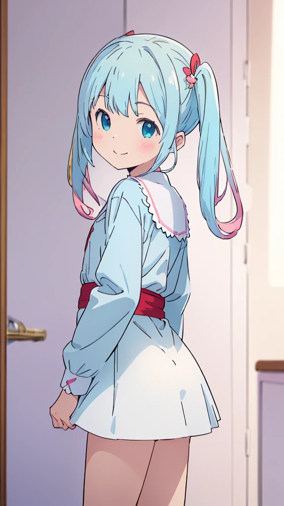 ((masterpiece))((Highest quality))girl、smile、blush、Flat Chest、Are thin、Blonde Hair、blush、Are standing、Look back、、No background、Blue clothes、Two-tone white and blue hair、Twin tails、Red Alice outfit、、
