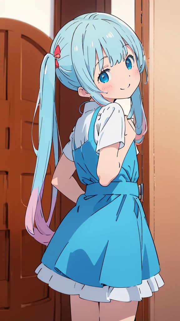 ((masterpiece))((Highest quality))girl、smile、blush、Flat Chest、Are thin、Blonde Hair、blush、Are standing、Look back、、No background、Blue clothes、Two-tone white and blue hair、Twin tails、Red Alice outfit、、