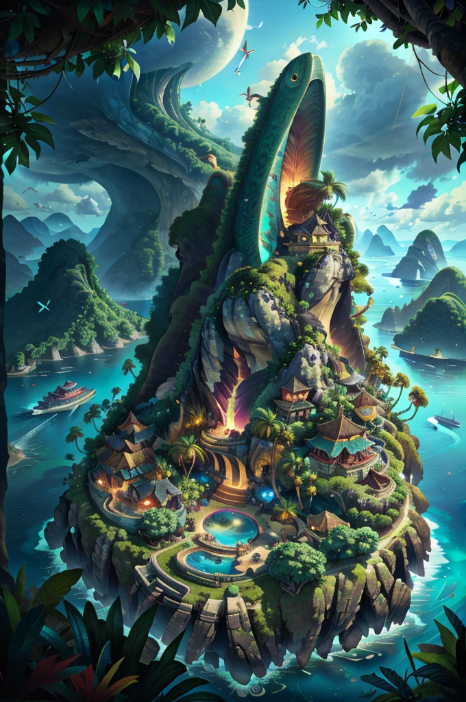 photo RAW, aerial view of tropical islands,Mysterious Island, masterpiece, award winning photography, lighting, action shot, dramatic composition, high detail, hyper realistic,dramatic lighting, epic,Chinese style