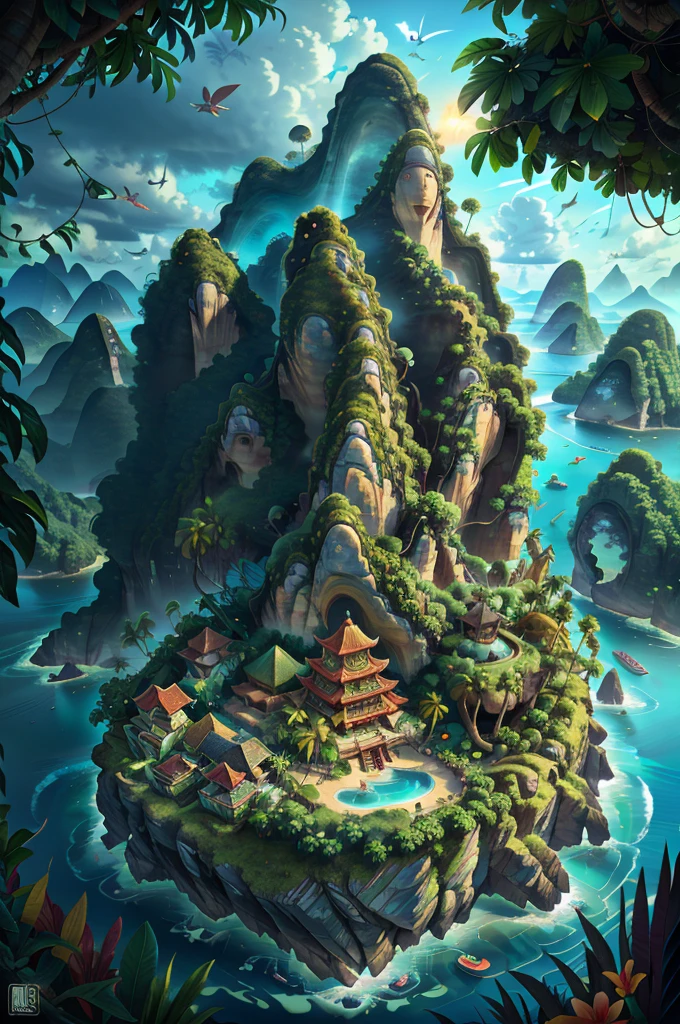 photo RAW, aerial view of tropical islands,Mysterious Island, masterpiece, award winning photography, lighting, action shot, dramatic composition, high detail, hyper realistic,dramatic lighting, epic,Chinese style