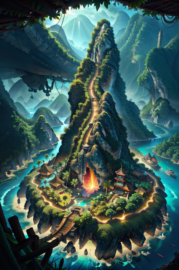 photo RAW, aerial view of tropical islands,Mysterious Island, masterpiece, award winning photography, lighting, action shot, dramatic composition, high detail, hyper realistic,dramatic lighting, epic,Chinese style