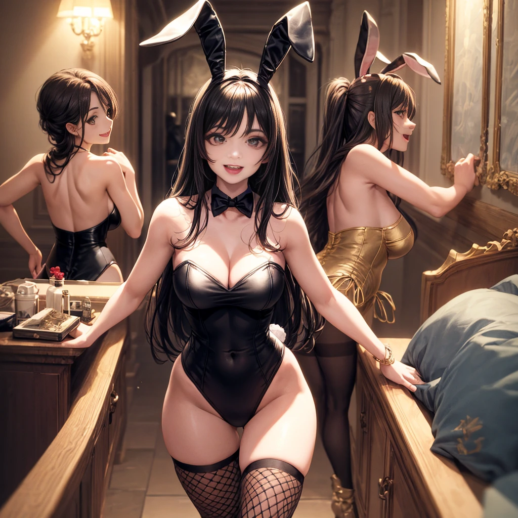 Beautiful 4 woman, full body shot, (long hair: 1.28), clear skin, (beautiful face with red iris), pale skin, medium breasts, (thin hips, thin waist , athletic body: 1.25), detailed skin, smile open mouth), black and gold color scheme)), 8k textures, soft light, sharp focus, soothing tones, hyperdetailed, perfect lighting, hdr, faded, jewelry, make-up, palace bedroom, smile, open mouth, (strapless bunny girl costume, leotard)), mesh, black eye shadow, fish net pantyhose up to waist, front and rear view