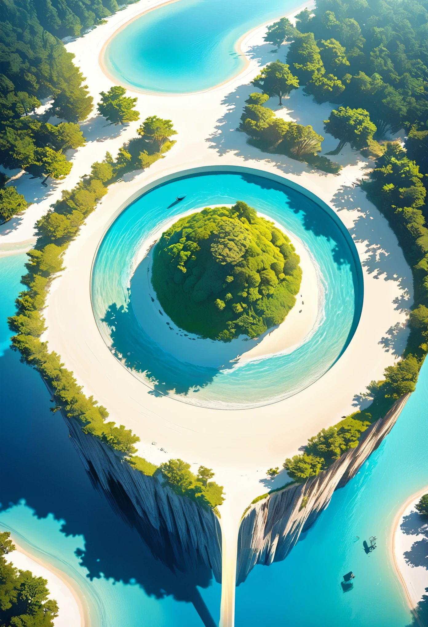 from above, island made of white sand floating in the sea. In the center of the island is huge shaft with trees growing at the bottom, conceptual installation pop art, 2.5D, delicate and dynamic, sun light effects, magnificent view