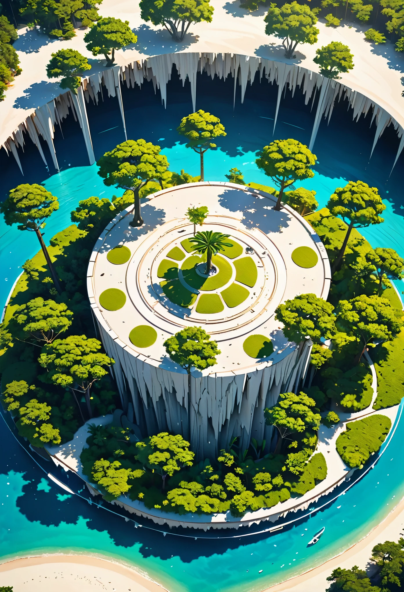 from above, island made of white sand floating in the sea. In the center of the island is huge shaft with trees growing at the bottom, conceptual installation pop art, 2.5D, delicate and dynamic, sun light effects, magnificent view