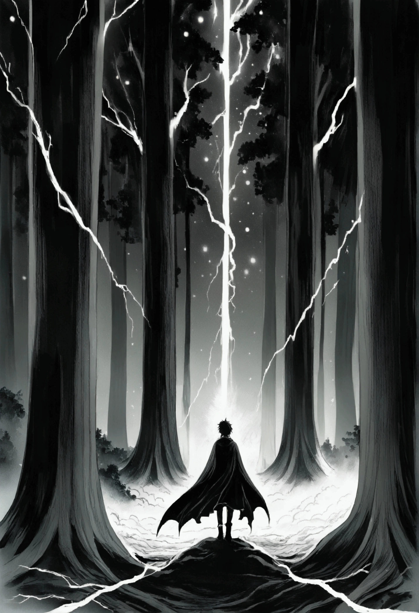 Lightning falling over a forest and starry sky. black and white.