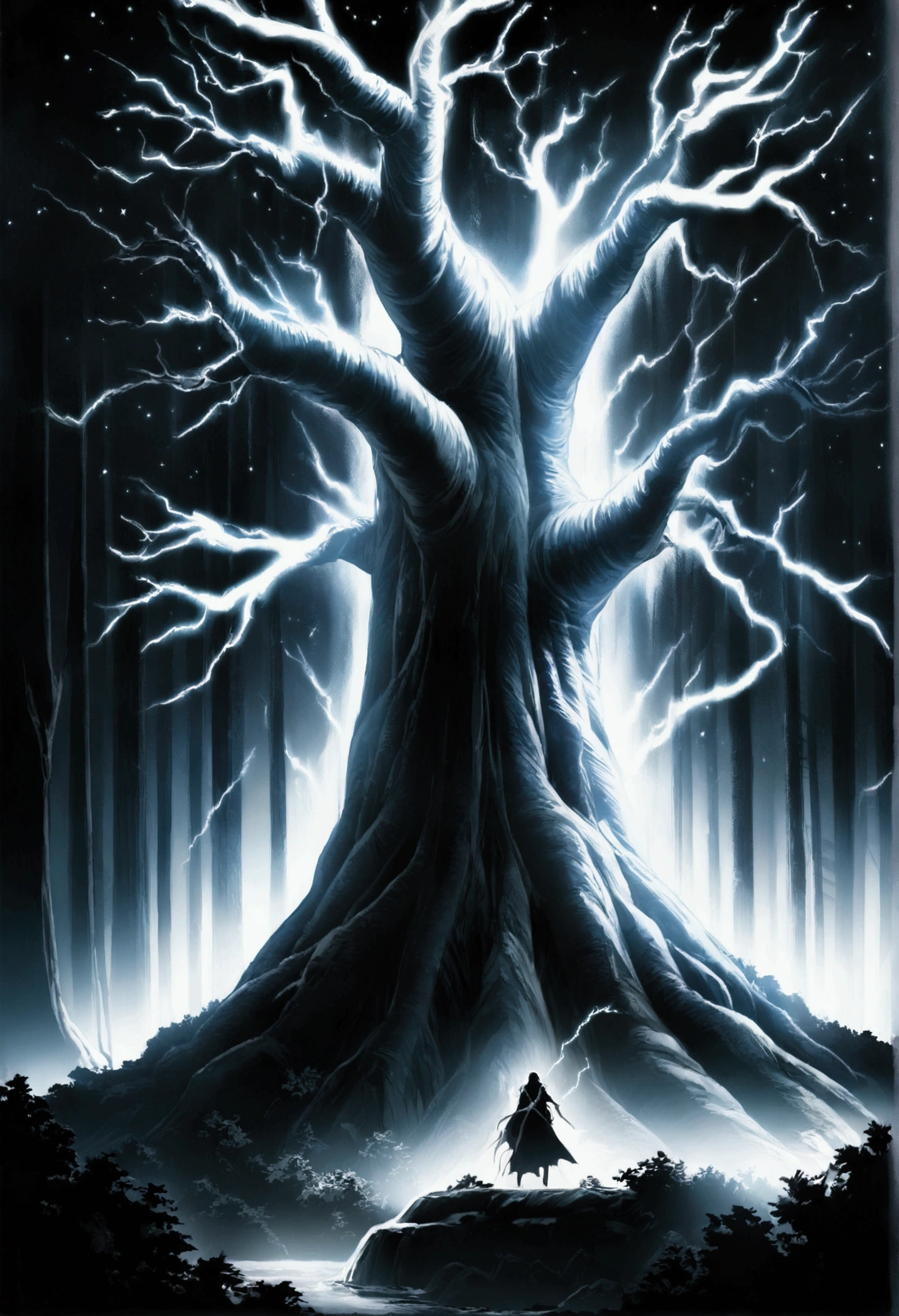 Lightning falling over a forest and starry sky. black and white.