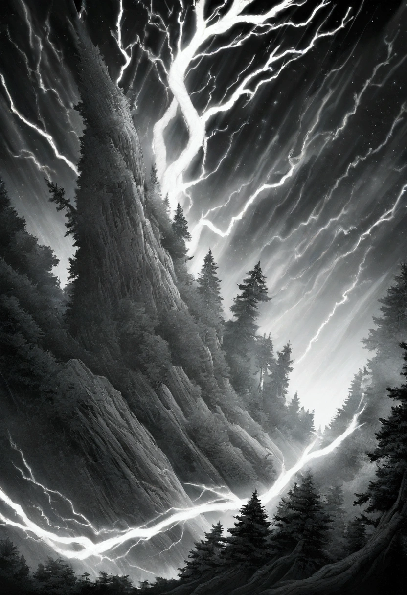 Lightning falling over a forest and starry sky. black and white.