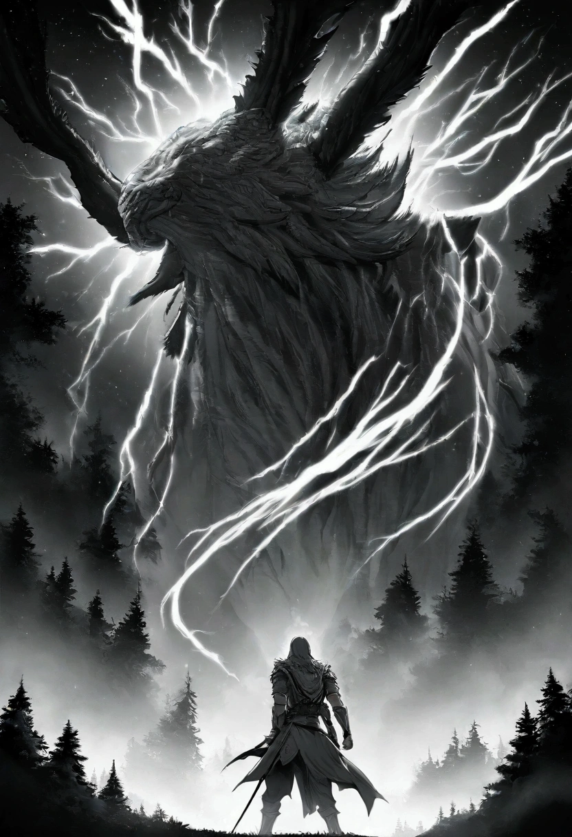 Lightning falling over a forest and starry sky. black and white. 