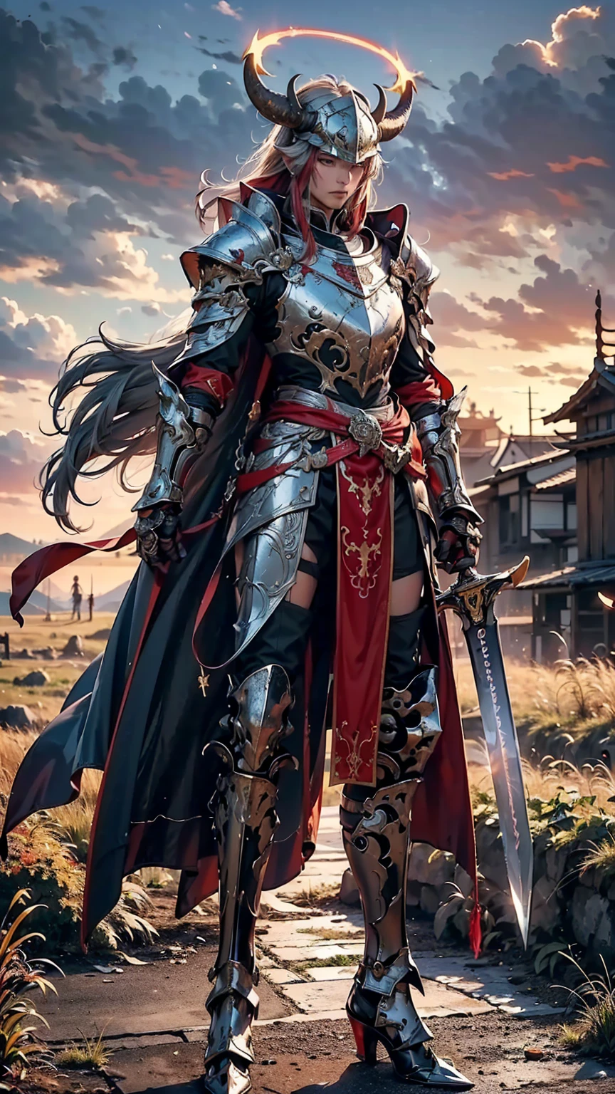 8K quality,(super masterpiece:1.3),Highest quality,Detailed Images,1 male,knight,pocket(Full Face,Two cow horns),armor(Silver Full Armor,Blue decoration),(Wear a red cloak,Red Cape),(One sword,Hold the hilt of the sword with your right hand),(background:Burning image,sunset,幻想的なsunset,The End,The end of the world,grassland,Takayama,Halo effects),(Whole body image,Standing with your legs apart),(Face directly towards the camera,Looking directly at the viewer,looking at the camera,The body faces the viewer,The body is facing the direction of the camera,Face looking straight into the camera).