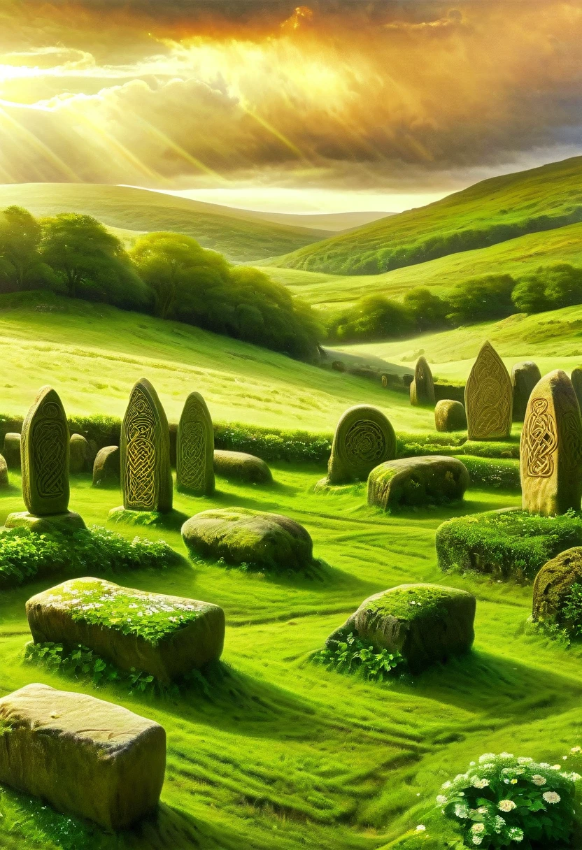 a celtic landscape with standing stones, druidic sanctuary, celtic countryside, (pre-raphaelite painting, medieval style), detailed landscape, dramatic lighting, moody atmosphere, lush greenery, rolling hills, ancient ruins, mystical energy, atmospheric haze, dramatic clouds, vibrant colors, golden hour lighting.
