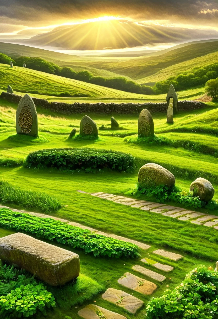 a celtic landscape with standing stones, druidic sanctuary, celtic countryside, (pre-raphaelite painting, medieval style), detailed landscape, dramatic lighting, moody atmosphere, lush greenery, rolling hills, ancient ruins, mystical energy, atmospheric haze, dramatic clouds, vibrant colors, golden hour lighting.
