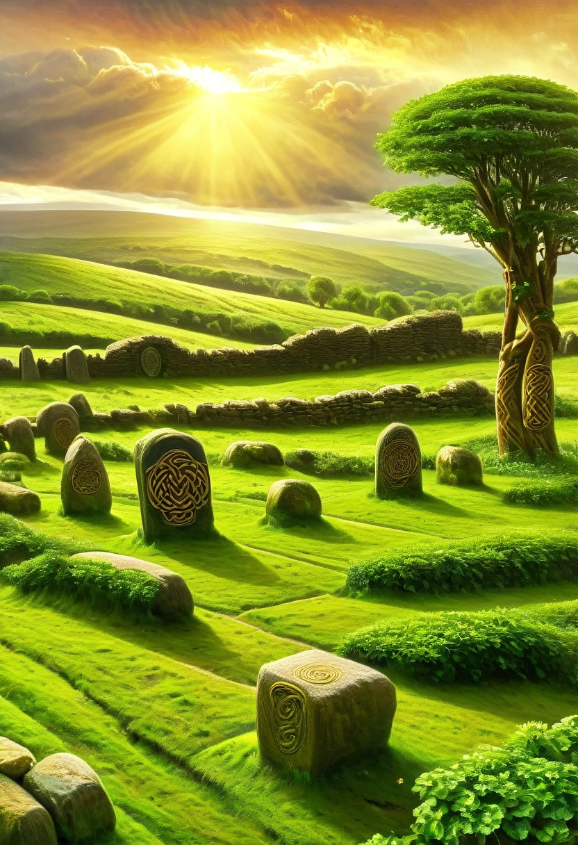 a celtic landscape with standing stones, druidic sanctuary, celtic countryside, (pre-raphaelite painting, medieval style), detailed landscape, dramatic lighting, moody atmosphere, lush greenery, rolling hills, ancient ruins, mystical energy, atmospheric haze, dramatic clouds, vibrant colors, golden hour lighting.
