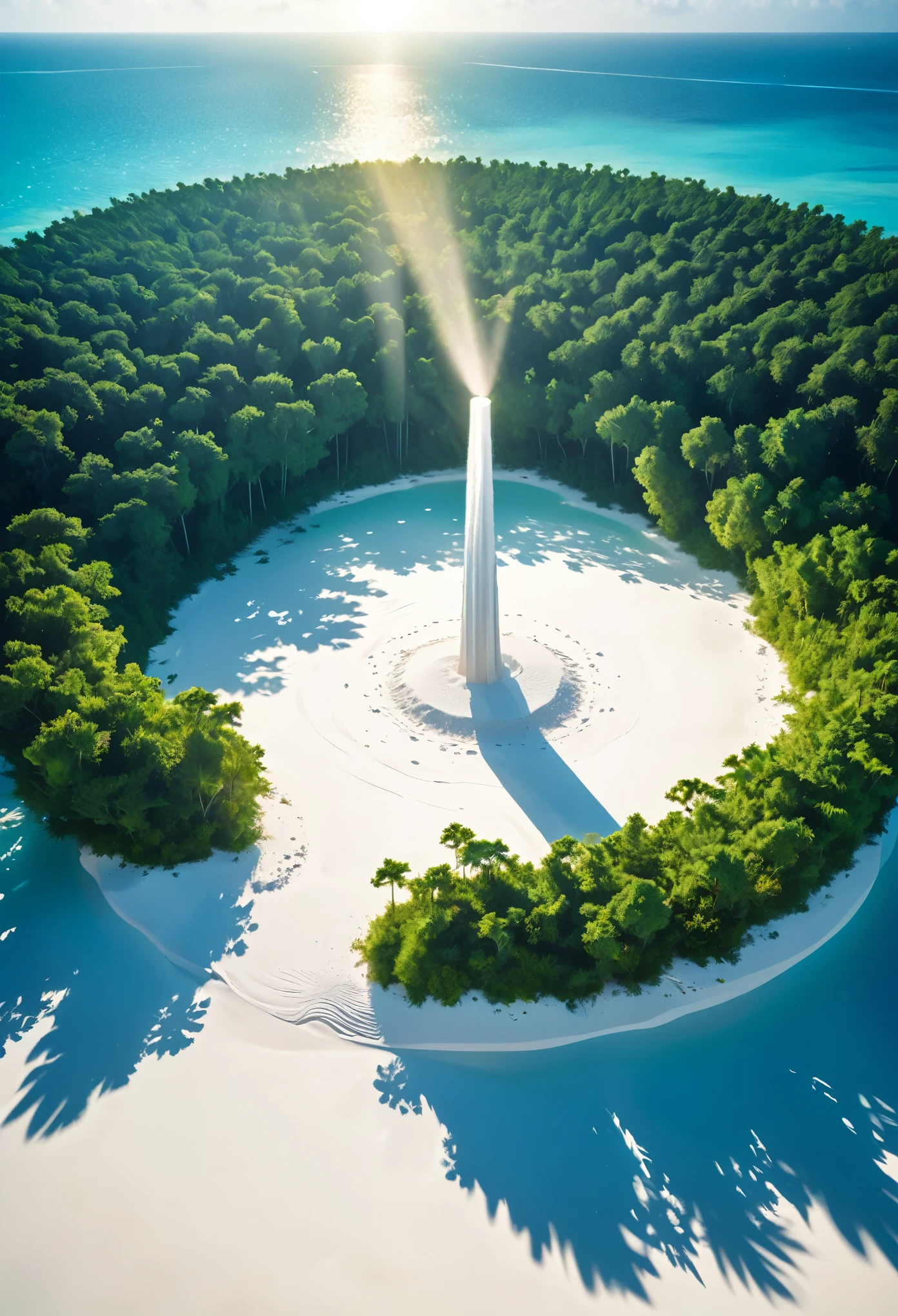 from above, island made of white sand floating in the sea. In the center of the island is huge shaft with trees growing at the bottom, conceptual installation pop art, 2.5D, delicate and dynamic, sun light effects, magnificent view