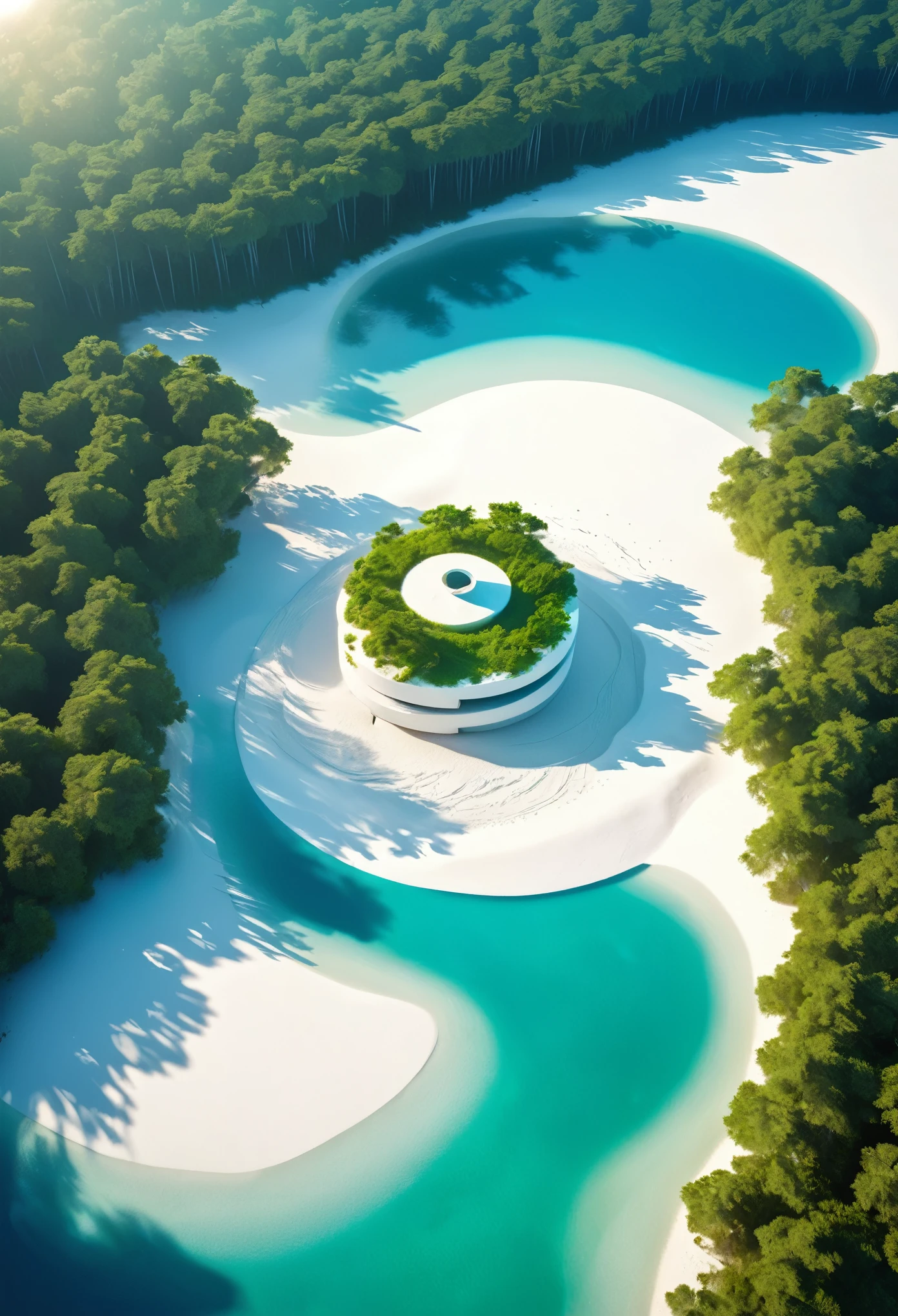 from above, island made of white sand floating in the sea. In the center of the island is huge shaft with trees growing at the bottom, conceptual installation pop art, 2.5D, delicate and dynamic, sun light effects, magnificent view