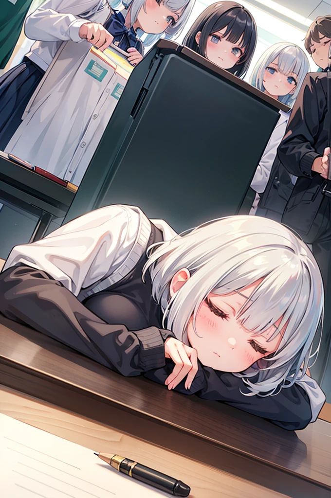 (A girl with silver bob hair is sleeping in class in the middle of a crowd.)I have a mechanical pencil、Low - Angle