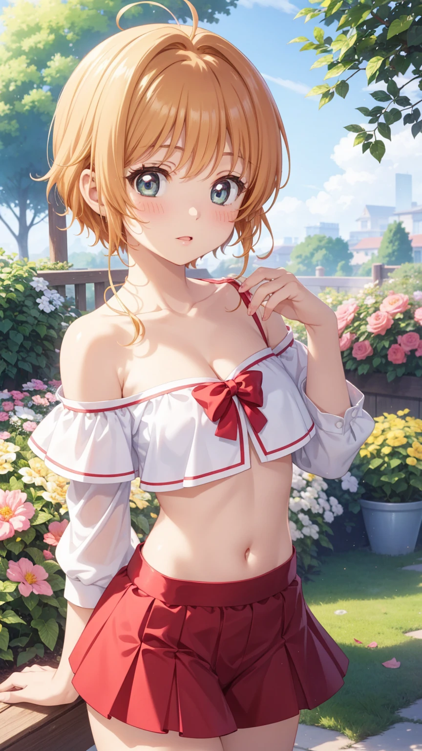 masterpiece, Highest quality, High resolution, One girl, Detailed face, blush, Anime CG style, (Medium chest), (18-year-old girl:1.3), (Old age), Good lighting, Perfect body, Sakura Kinomoto, Glossy Lips, View your viewers, garden, Cleavage, Crop top, Off the shoulder, mini skirt