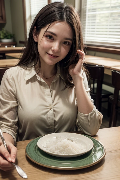 a beige plate full of salt, on a brown table, with a forest green tablecloth on top, facing the table is a happy western woman in her 30s, In a white blouse, with a spoon in his hand, and that spoon has a lot of salt.