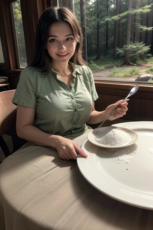 a beige plate full of salt, on a brown table, with a forest green tablecloth on top, facing the table is a happy western woman in her 30s, In a white blouse, with a spoon in his hand, and that spoon has a lot of salt.