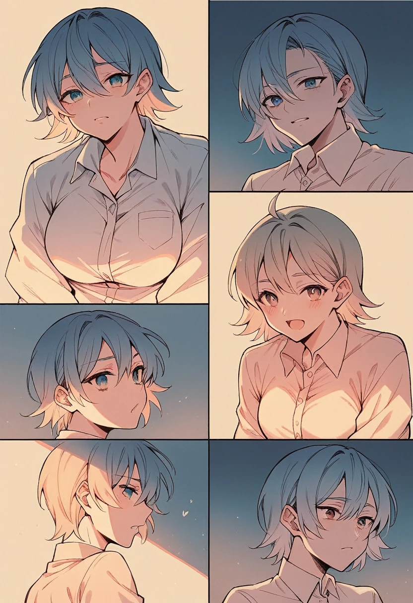 colored manga, with several scenes on a single page, like a manga strip. The narrative involves a romantic and secret meeting between two students in an empty classroom. The image must be detailed, vibrant, and convey a romantic and sensual atmosphere, with a touch of mystery and adventure.