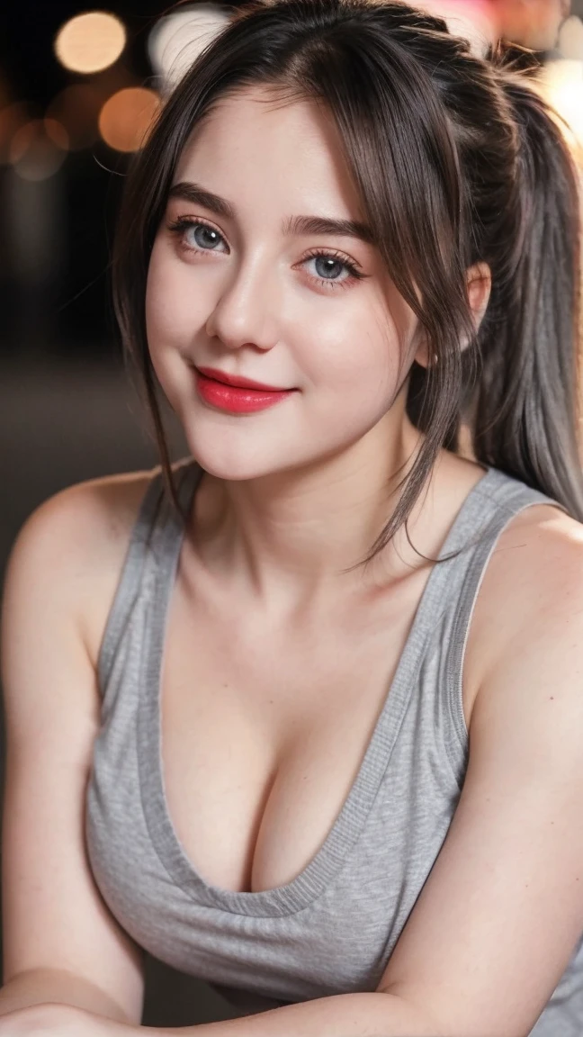 HDR, 1 Girl, Beautiful, Baby Face, 18 Years Old, White Skin, Pink Wet Glossy Lipstick, Sensual Lipstick, Sensational Make up artist, Georgeus, Cleavage, Sleeveless, Starpless Night Dress, ((muscles:1.1)), City Outdoor, Grey Hair, Grey Ponytails, Laugh, Girly Feminine Pose, Large Breasts, ((bokeh:1.1)), ((adorable:1.1)), ((masterpiece:1.1))