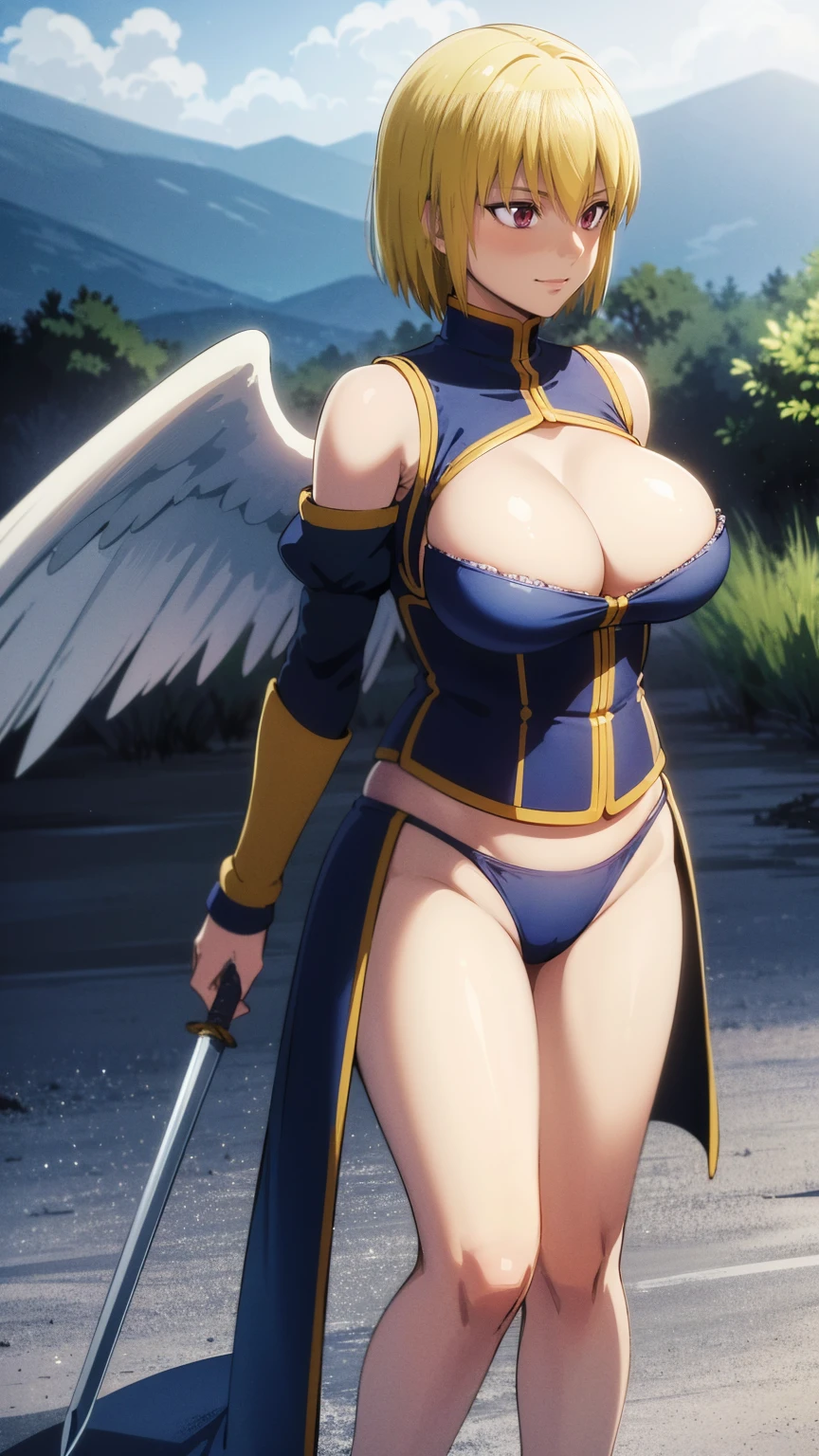 woman in her 20s、1 person、Angelic、There are large white wings on the back、Has 6 wings、Swan wings、With a round face、round chin、Close-up of a woman in armor holding a sword, Armor girl, female knight, big and full breasts、full armor, full armor, gorgeous female paladin, female knight, of a Beautiful female knight, Beautiful armor, Plump、thick waist、wide waist、full armor, armor、Gorgeous full-body armor, Amazing armor, Trending on Art Station Pixiv, Beautiful female knight、has a large sword、Great Sword of Steel、happy look、looking here、Look at me、Lakeside、white military flags lined up, There is a large army behind us far away.、With forest and mountains in the background、black string、Black pattern,kurapika, bob hair, blonde hair, (long tits:1.1), (huge tits:1.1), (saggy tits:1.2), (BIG ASS:1.2)