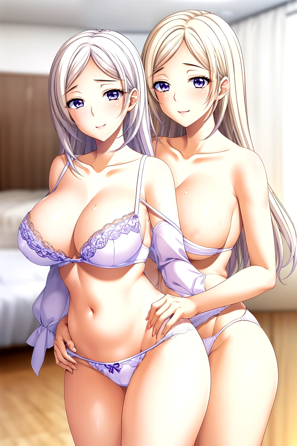 2 girls, mother(blue eyes, Blonde Hair) and daughter(violet eyes, White Hair), mother (Watase Otoha, blue eyes, Blonde Hair), daughter(Watase Nagisa, violet eyes, White Hair),Light滑的皮肤, Good, lace, underwear,Full body pictures, 25 years old,Young women,beautiful Finger,beautiful long legs,beautiful body,beautiful Nose,beautiful character design, perfect Eye, perfect Face,expressive Eye,Perfect balance, Looking at the audience,(Focus on her Face),housing, (Innocent_Big goals_Eye:1.0),Light_Smile, Official Art,Very detailed CG unity 8k wallpaper, Perfect lighting,rich and colorful, bright_front_Face_Lighting,Light skin, (masterpiece:1.0),(the best_quality:1.0), Ultra-high resolution,4K,Very detailed, photography, 8K, Human Development Report, high resolution, absurd:1.2, Kodak Portrait 400, Film Grain, Blurred background, Bokeh:1.2, Lens Light Halo, (Energetic_color:1.2),专业photography师, (beautiful,Chest:1.3 (beautiful_Face:1.5),(narrow_waist),Smile, Happy，Slim,2 girls, mother and daughter, Good, underwear, 2 girls, mother(blue eyes, Blonde Hair) and daughter(violet eyes, White Hair)