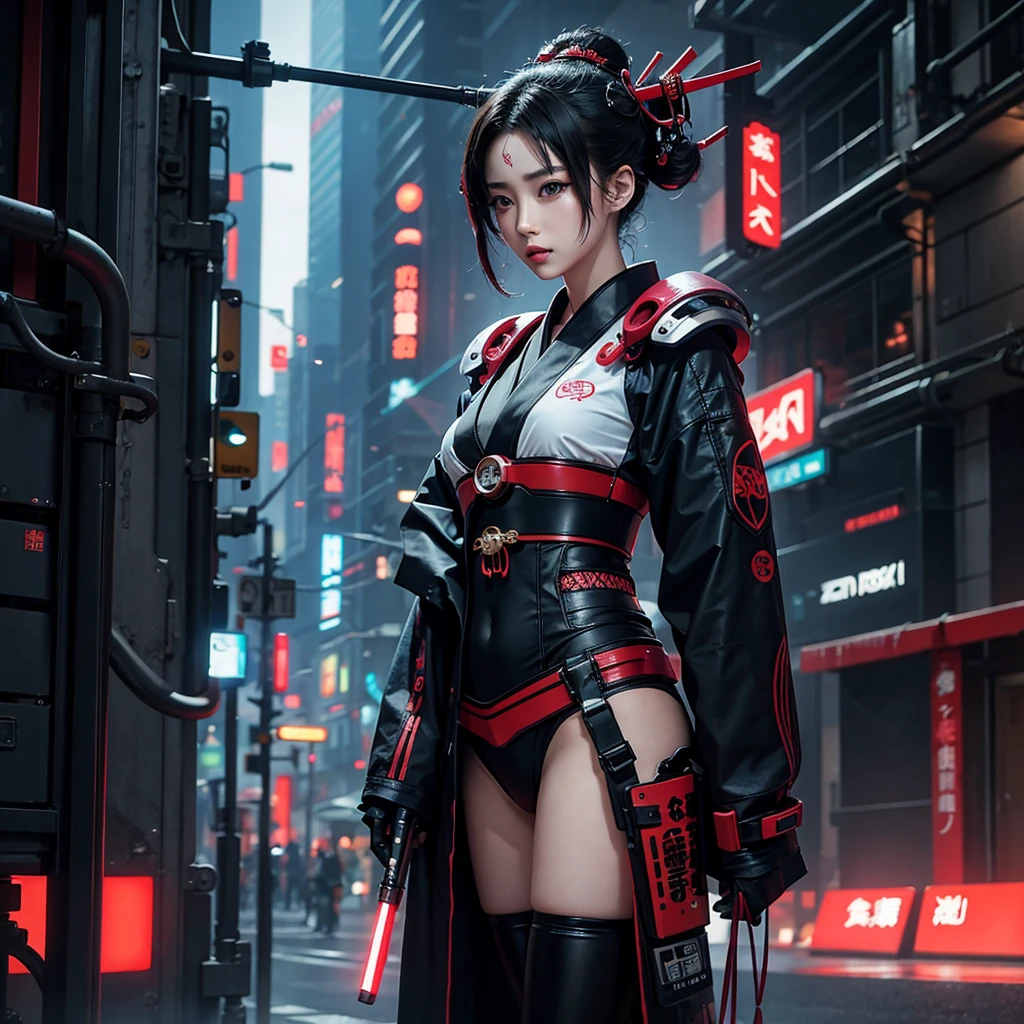 A cyberpunk futuristic Japanese geisha with electronic gear all over her body