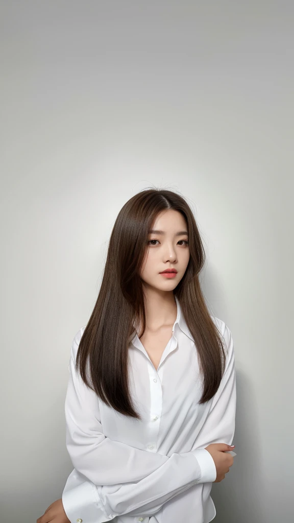Best Quality, 8k, Masterpiece, (Portrait: 1.3), (photo realistic:1.4), (hyper realistic:1.4), Sharp Focus, looking at viewer, (smoother lighting:1.1), (increase cinematic lighting quality:0.9), realistic lighting, backlighting, light on face, ray trace, (brightening light:1.2), (Increase quality:1.4), sharp detail, (best quality real texture skin:1.4), finely detailed eyes, black_eyes, finely detailed face, 25 year old Korean woman, (white formal_shirt:1.4), (Create an image maintaining the original base model hairstyle:1.5)
