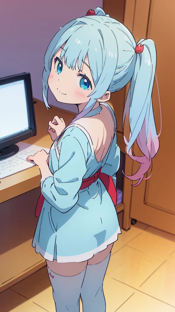 ((masterpiece))((Highest quality))girl、smile、blush、Flat Chest、Are thin、Blonde Hair、blush、Are standing、Look back、、No background、Blue clothes、Two-tone white and blue hair、Twin tails、Red Alice outfit、、