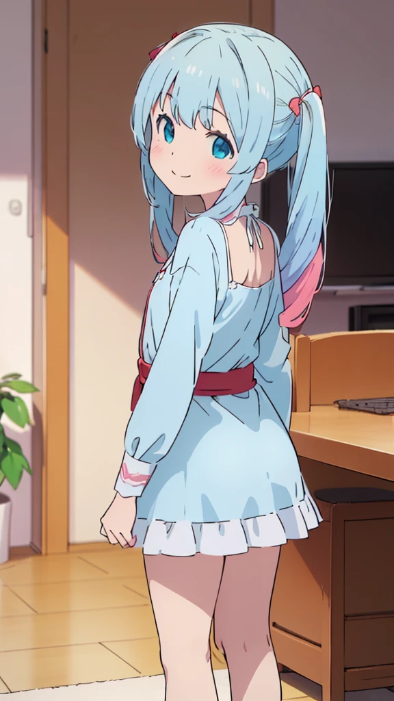 ((masterpiece))((Highest quality))girl、smile、blush、Flat Chest、Are thin、Blonde Hair、blush、Are standing、Look back、、No background、Blue clothes、Two-tone white and blue hair、Twin tails、Red Alice outfit、、