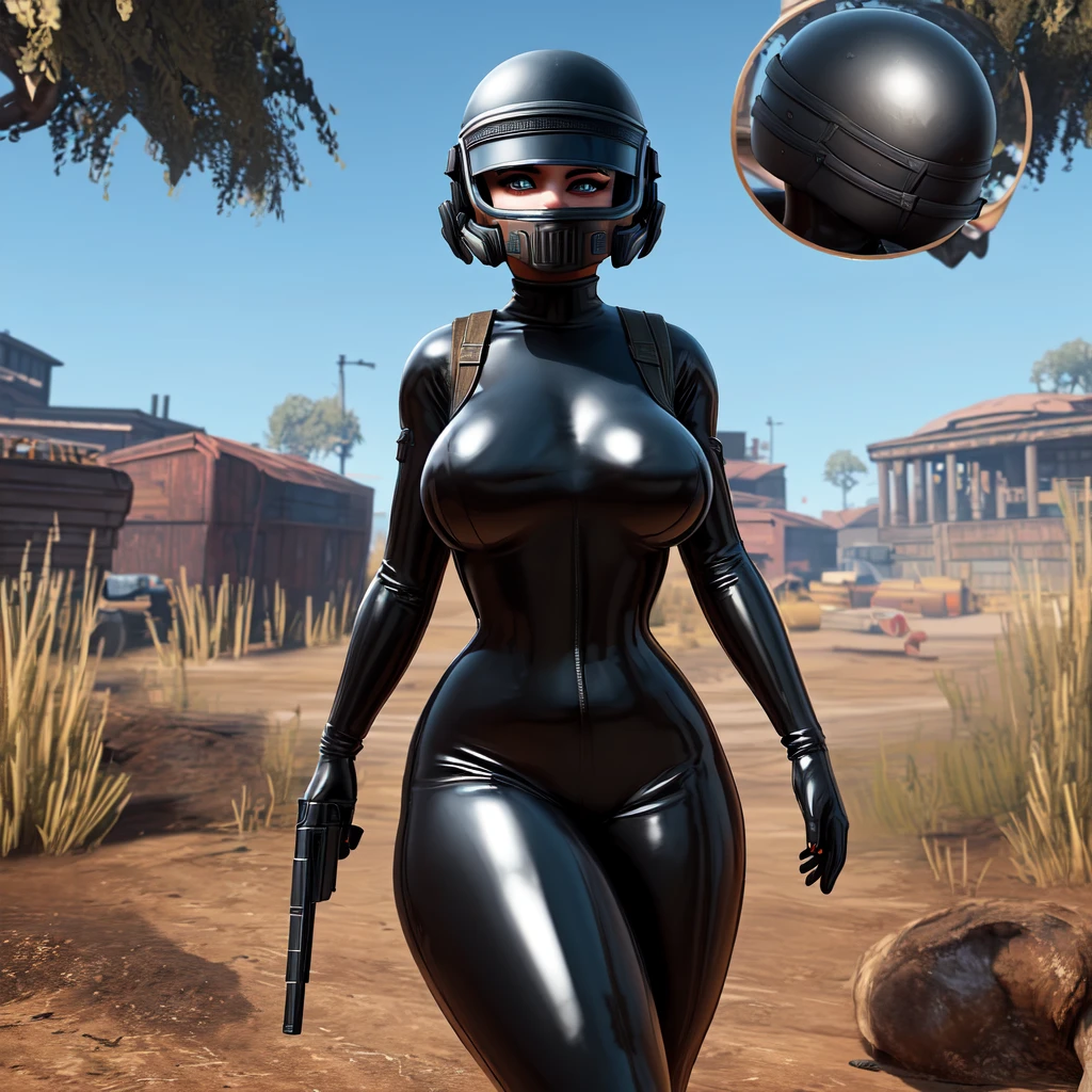 ((beautiful woman with a perfect figure, beautiful breasts and hips, she is fully dressed in a black latex suit and has a helmet from PUBG on her head)), ((ultra-detailed to the smallest detail, ultra realistic 8k graphics, Best quality))